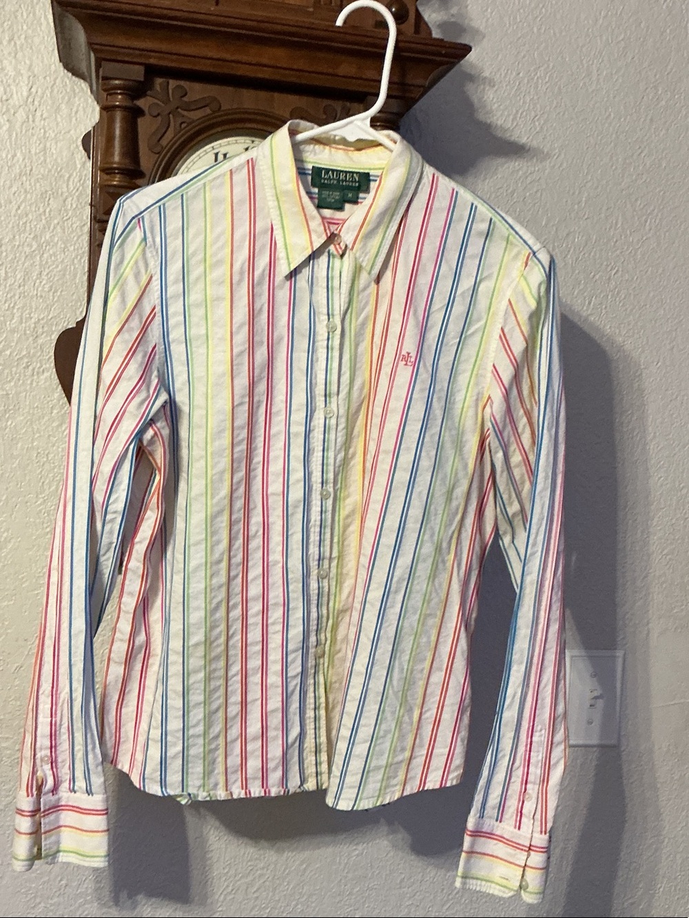 Lauren Ralph Lauren White Cotton Button-Up Shirt with Multi-Color Stripes